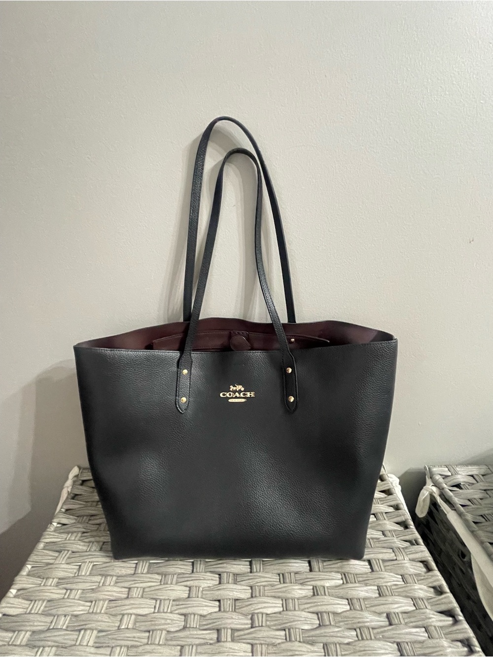 Coach Black Leather Tote with Burgundy Interior and Gold Logo